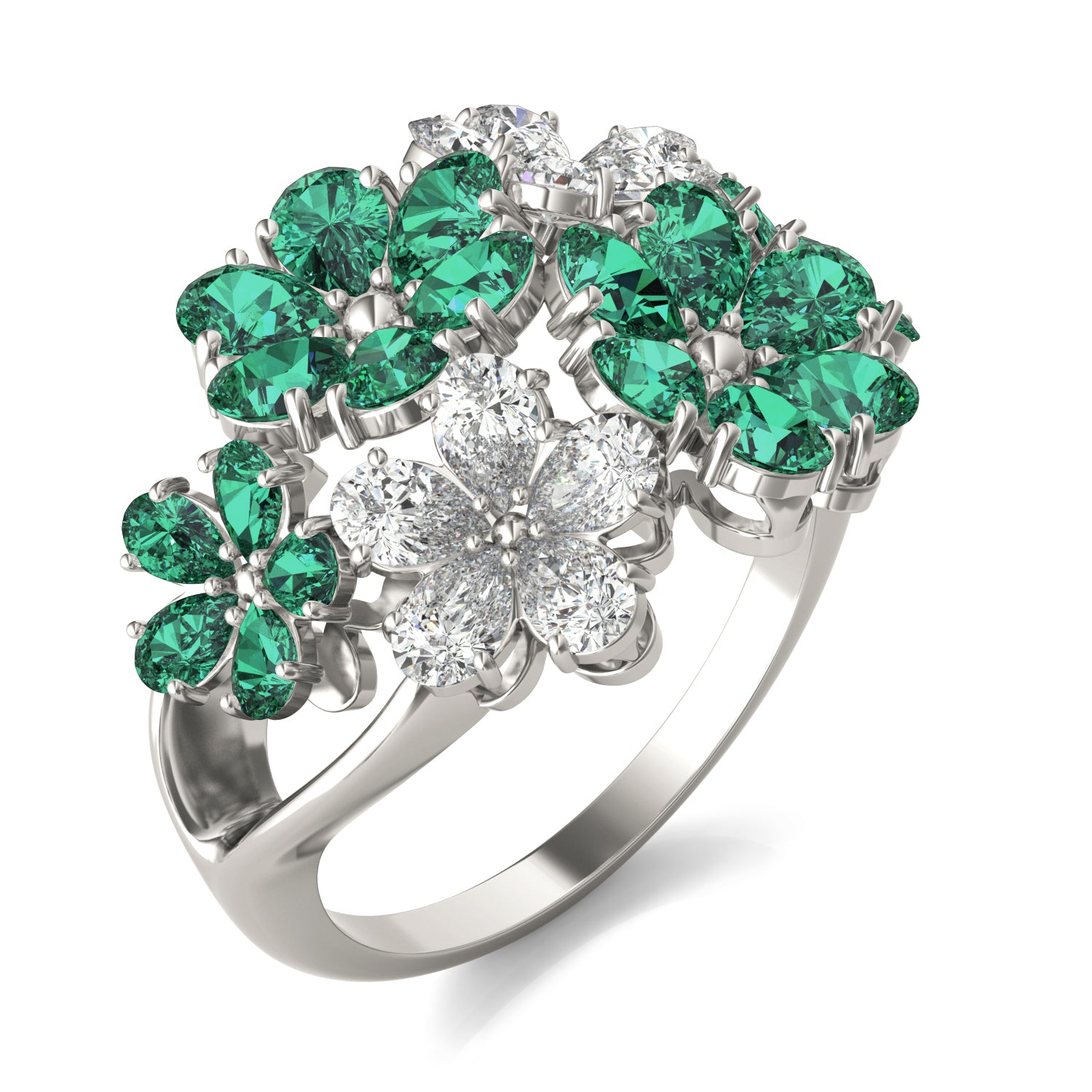 7/8 CTW Pear Caydia® Lab Grown Diamond Couture Floral Cluster Ring featuring Created Emerald