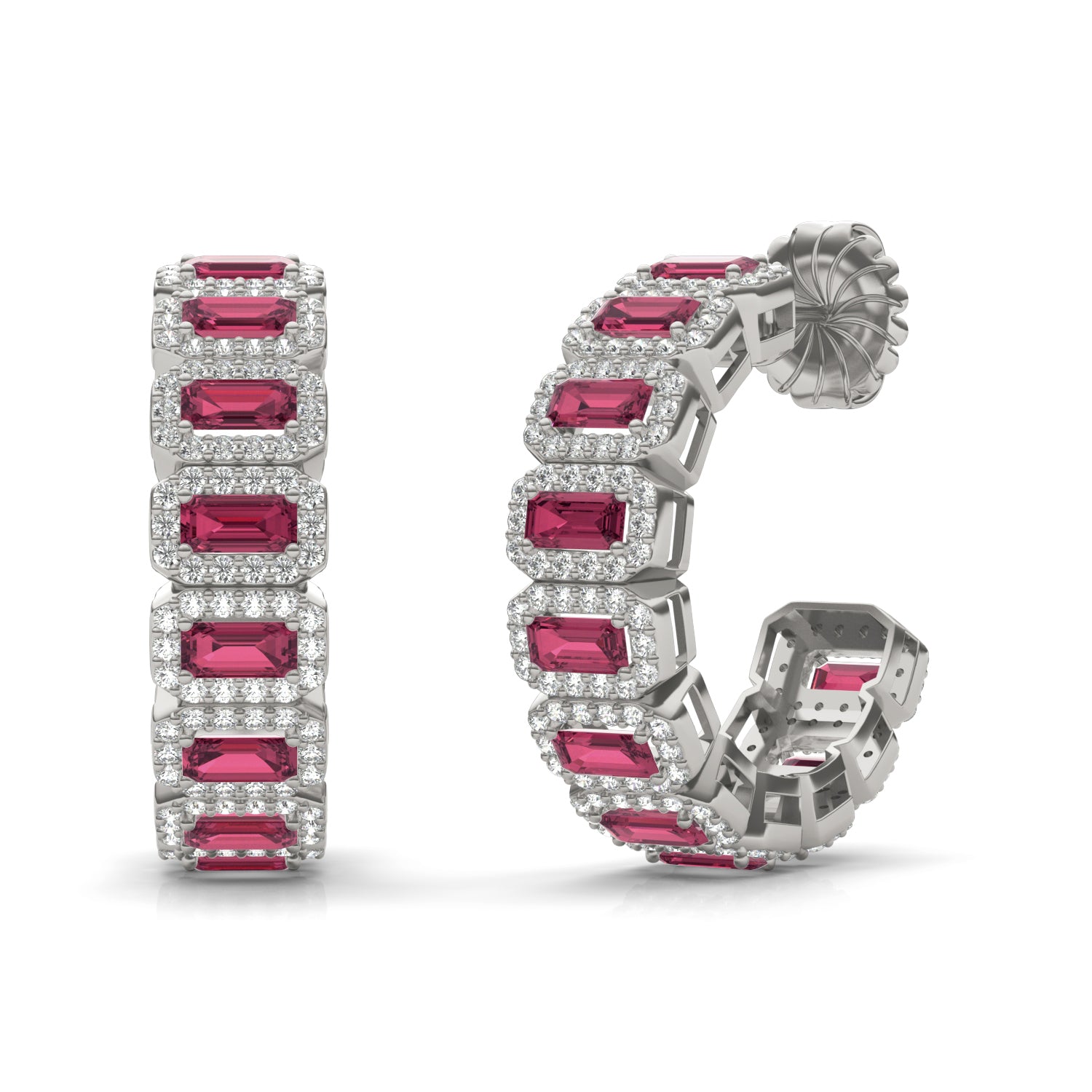 1 1/2 CTW Round Caydia® Lab Grown Diamond Halo Hoop Earrings featuring Created Ruby