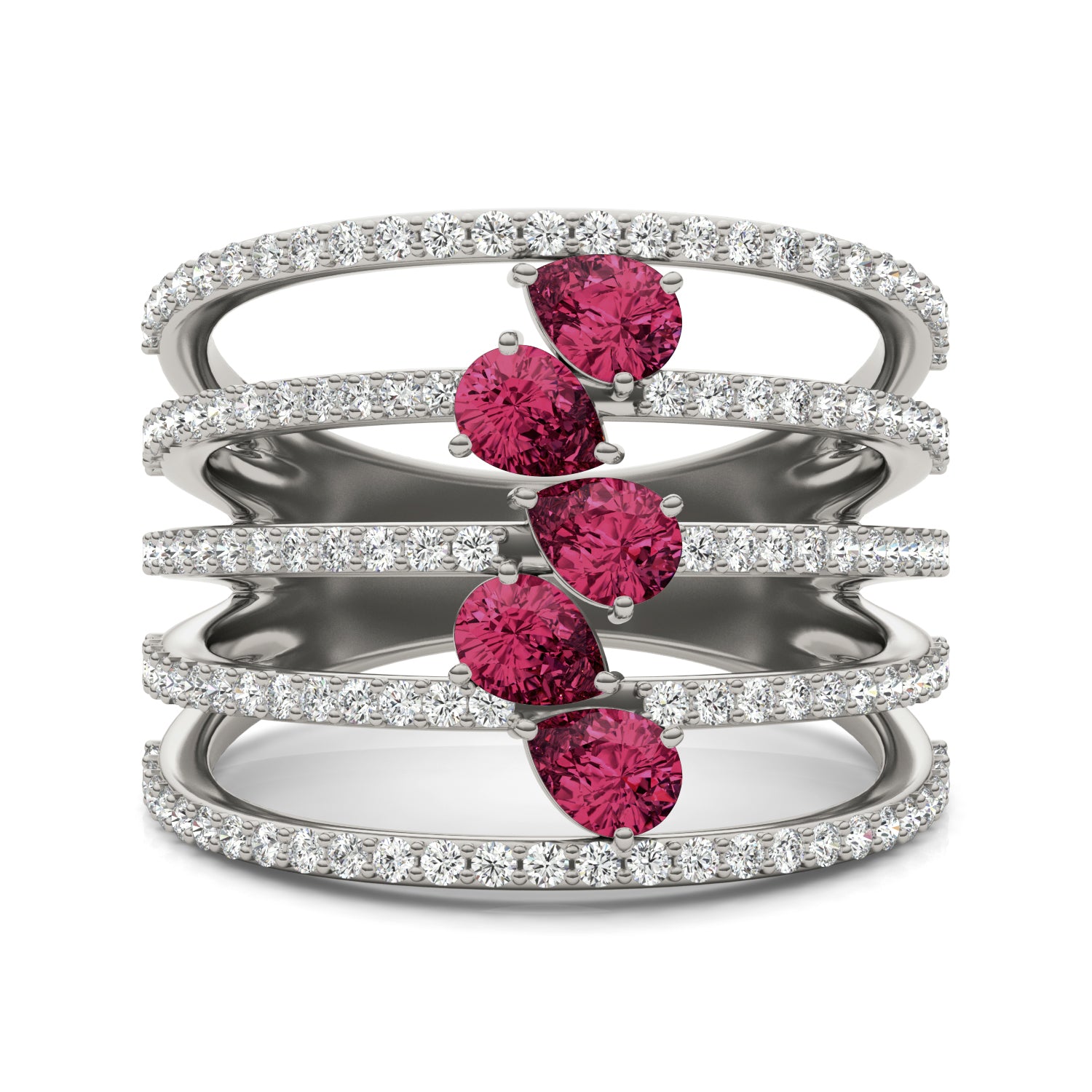 2/3 CTW Round Caydia® Lab Grown Diamond Five Row Statement Ring featuring Created Ruby