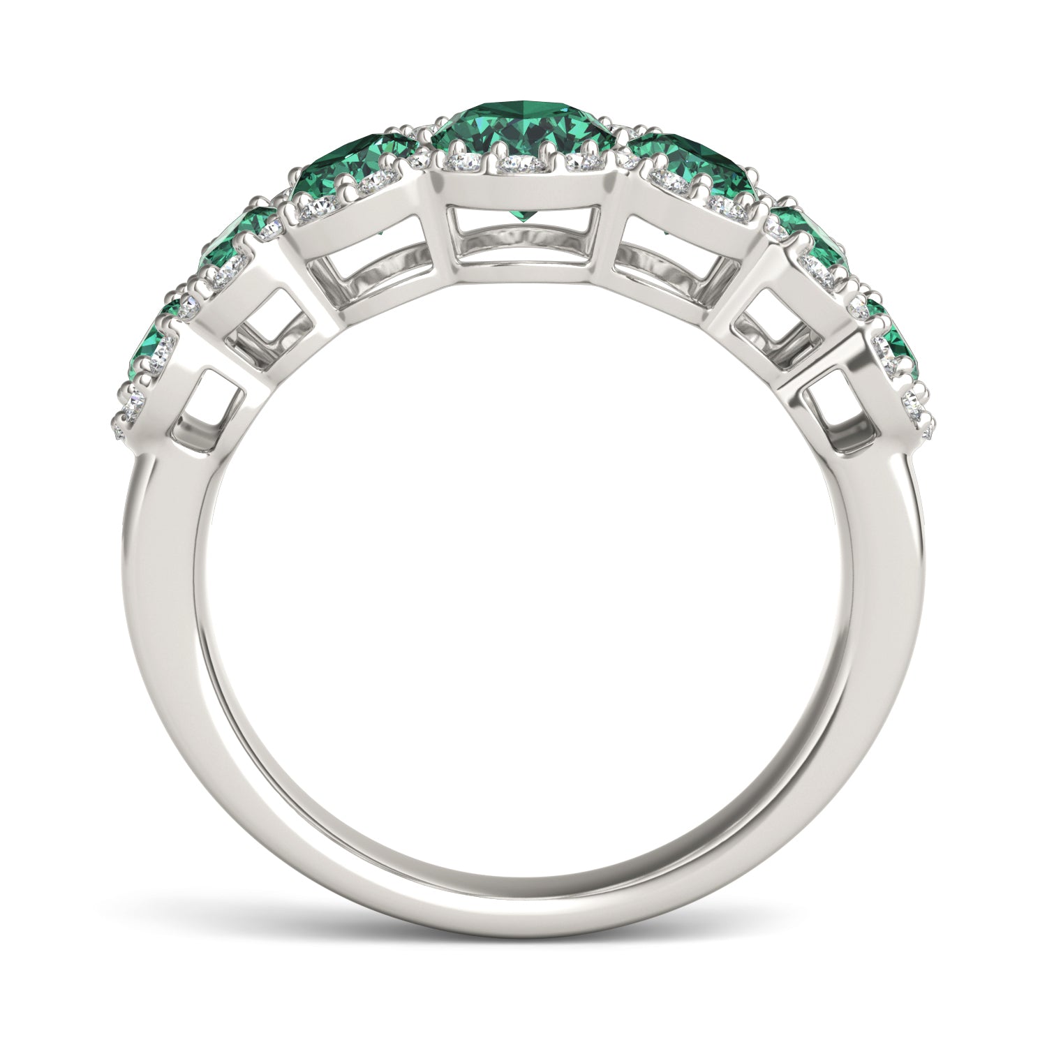 5/8 CTW Round Caydia® Lab Grown Diamond Seven Stone Halo Ring featuring Created Emerald