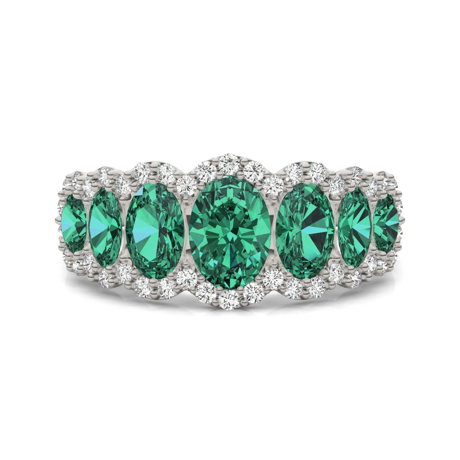 5/8 CTW Round Caydia® Lab Grown Diamond Seven Stone Halo Ring featuring Created Emerald