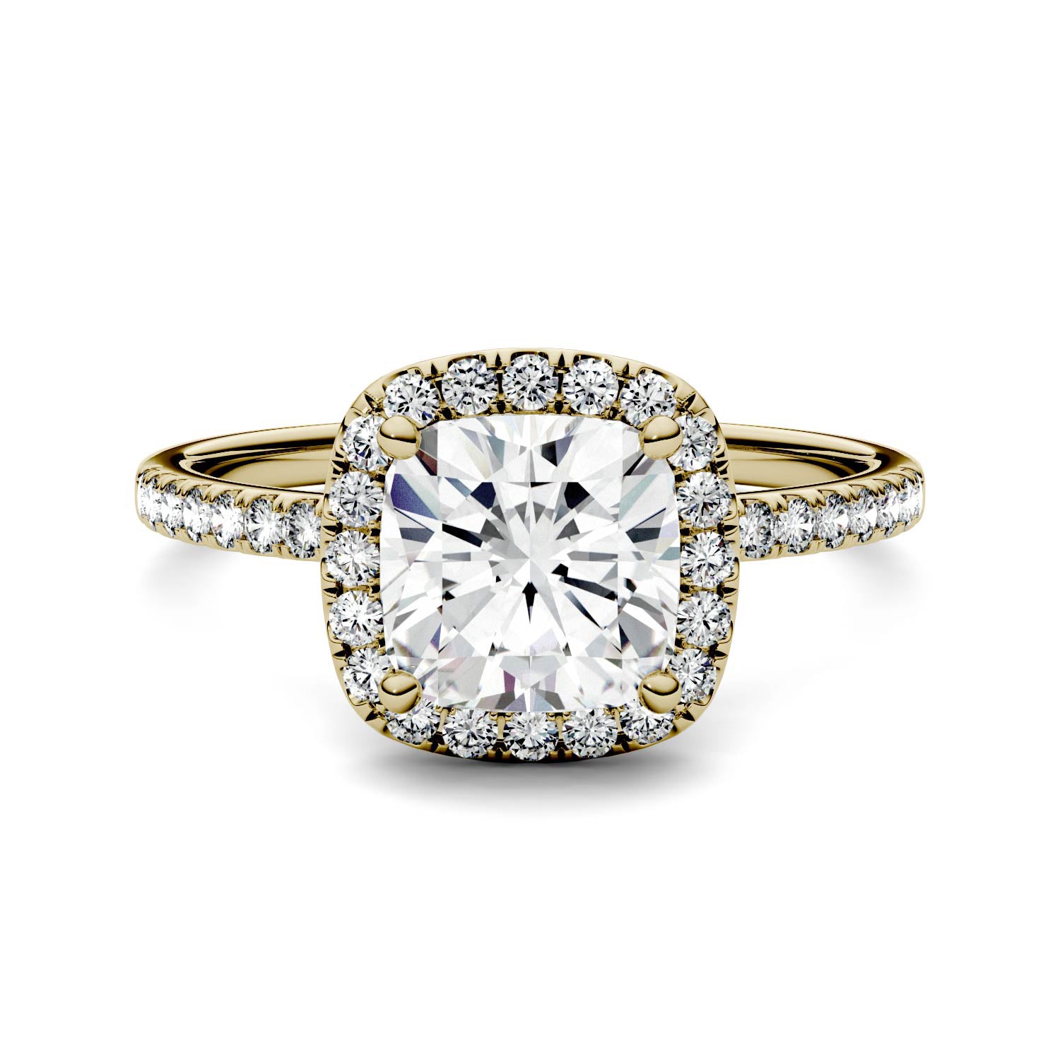1.60 CTW DEW Cushion Forever One™ Moissanite Halo with Side Accents Engagement Ring