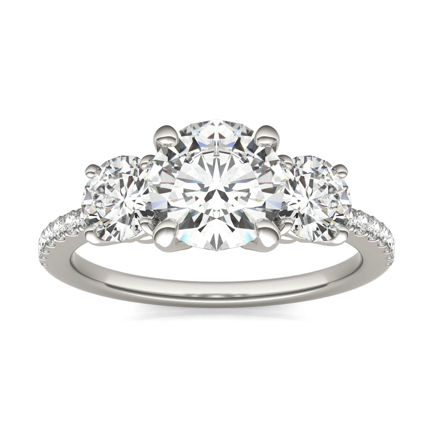 2.14 CTW DEW Round Forever One™ Moissanite Three Stone with Side Accents Ring