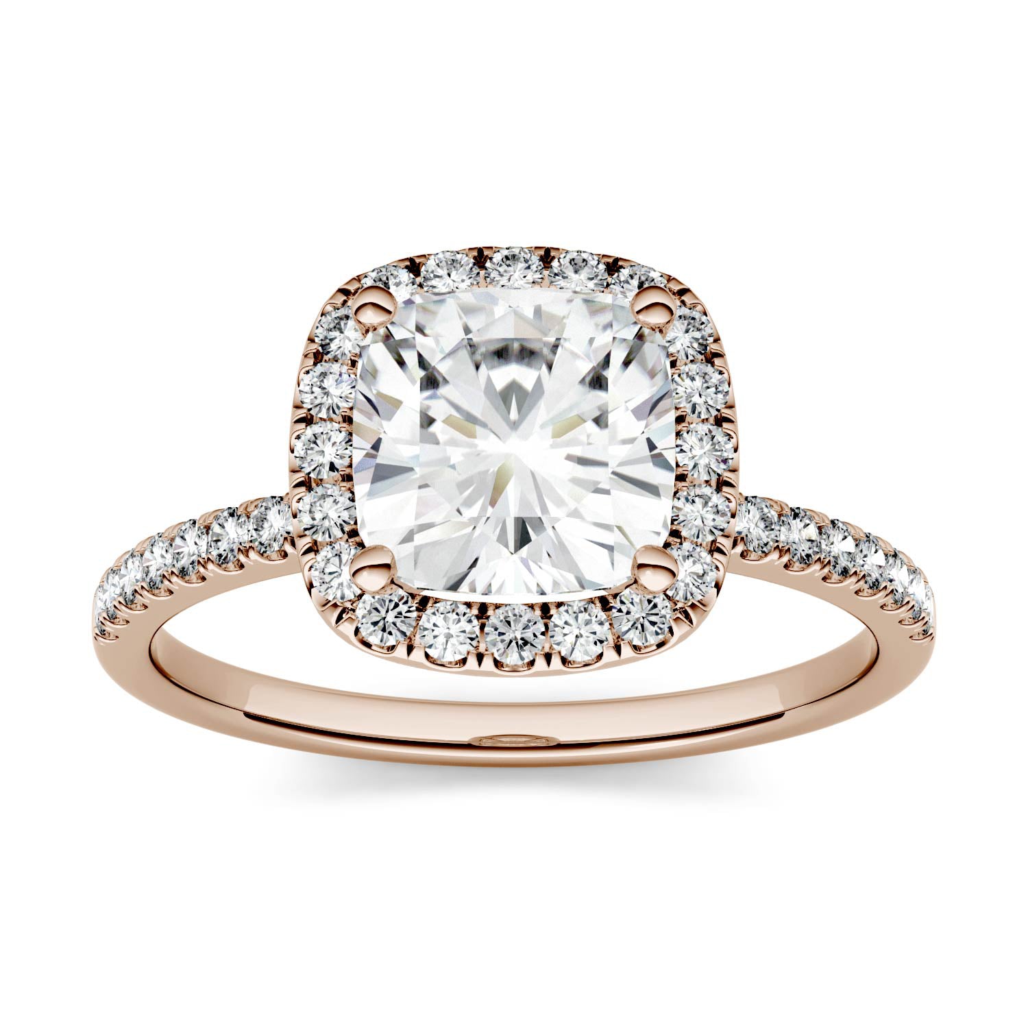 1.60 CTW DEW Cushion Forever One™ Moissanite Halo with Side Accents Engagement Ring