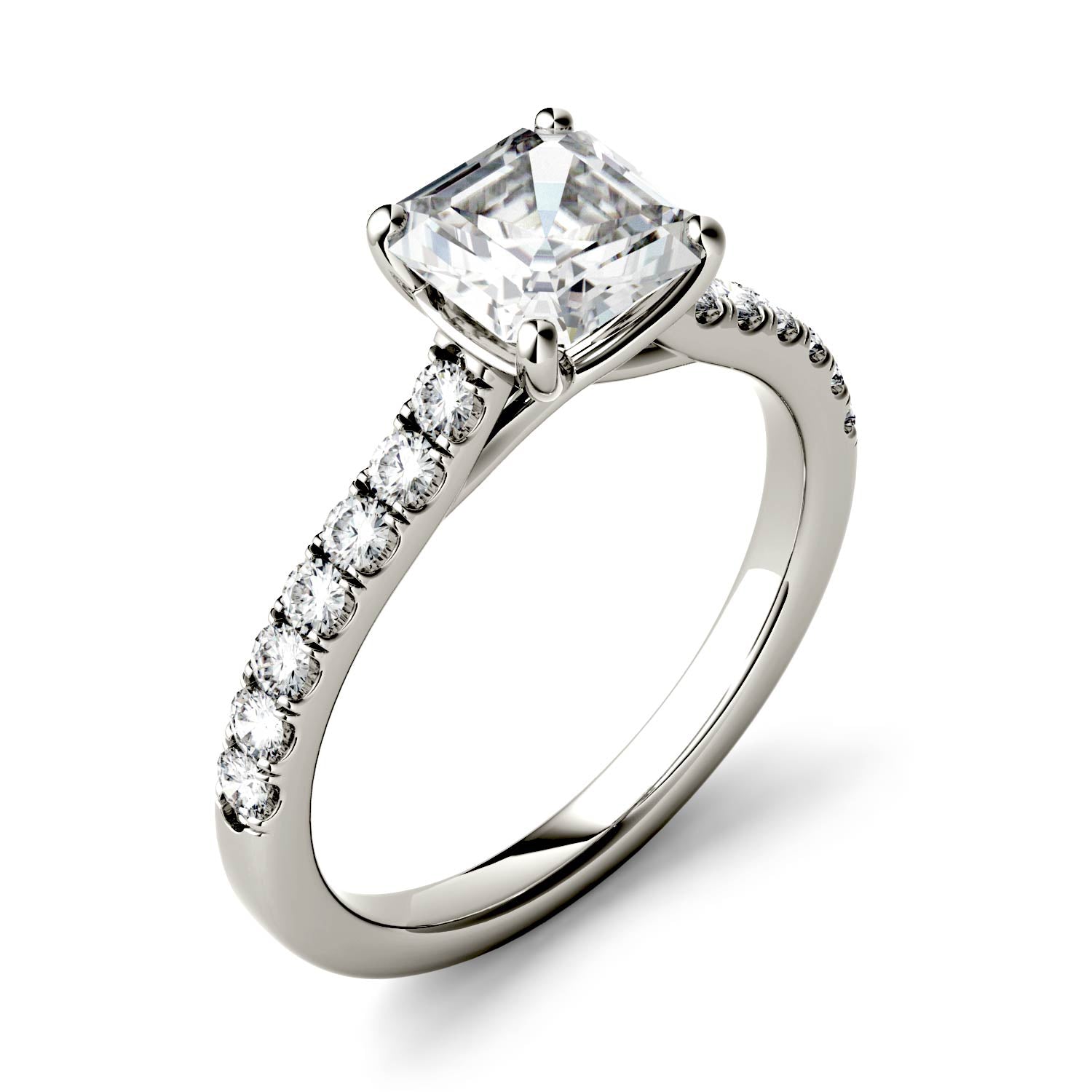 1.58 CTW DEW Asscher Forever One™ Moissanite Solitaire with Side Accents Engagement Ring
