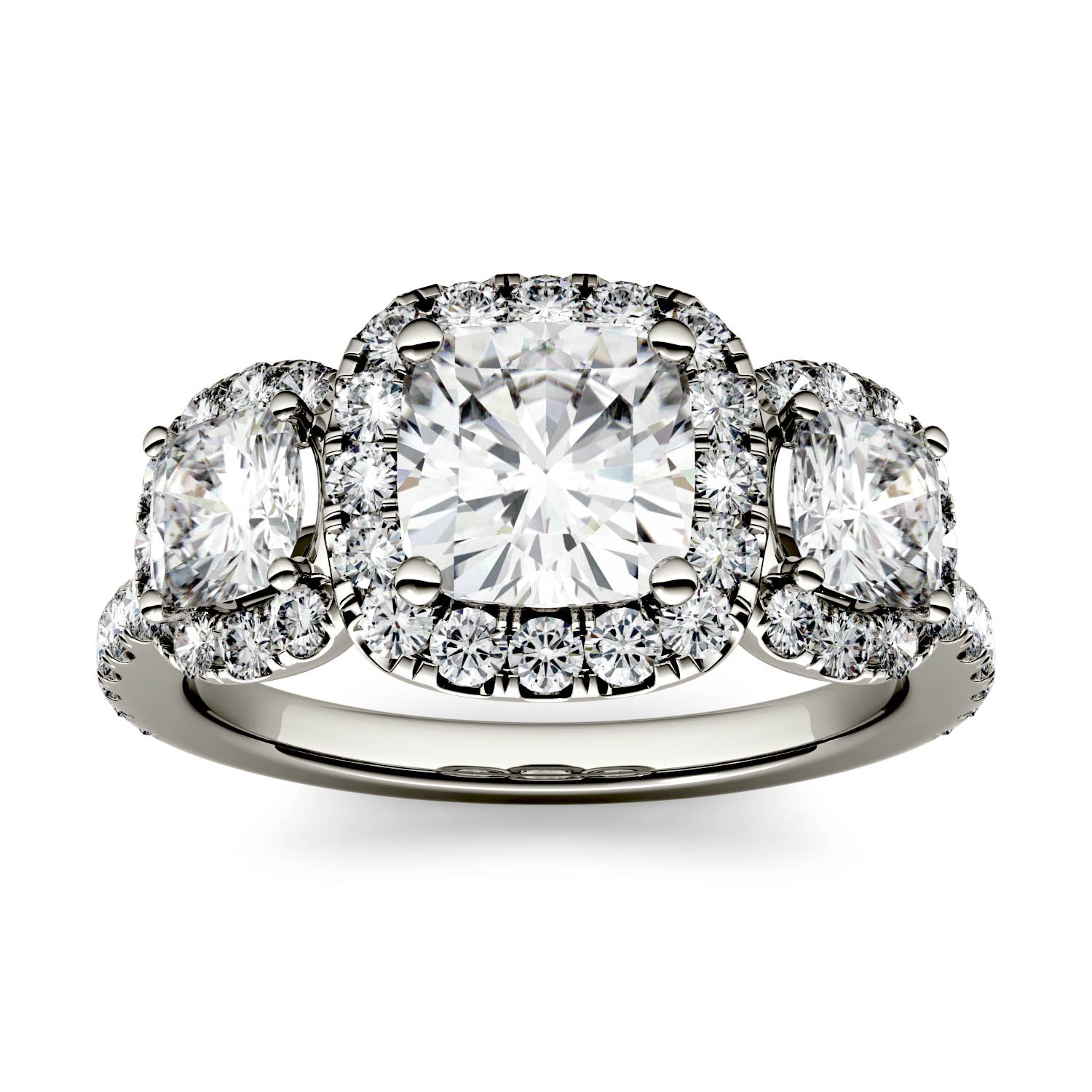 2.31 CTW DEW Cushion Forever One™ Moissanite Three Stone Halo Ring