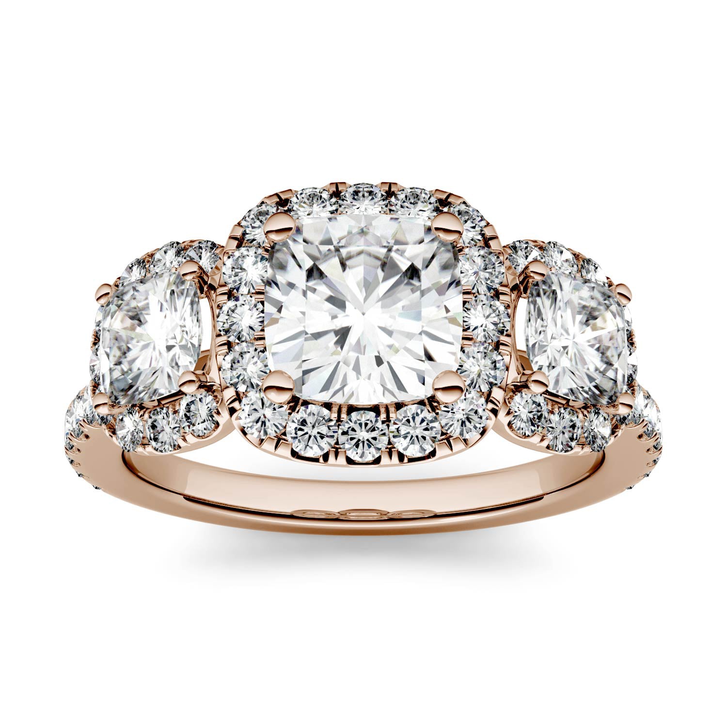2.31 CTW DEW Cushion Forever One™ Moissanite Three Stone Halo Ring