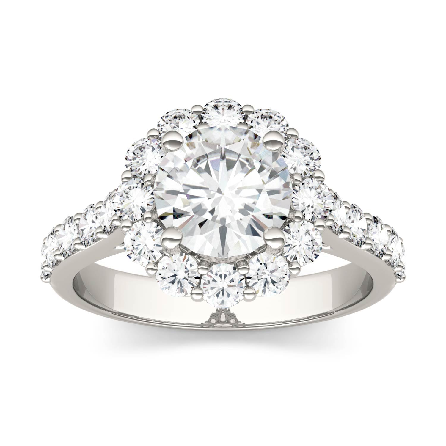 2.60 CTW DEW Round Forever One™ Moissanite Halo with Side Accents Engagement Ring