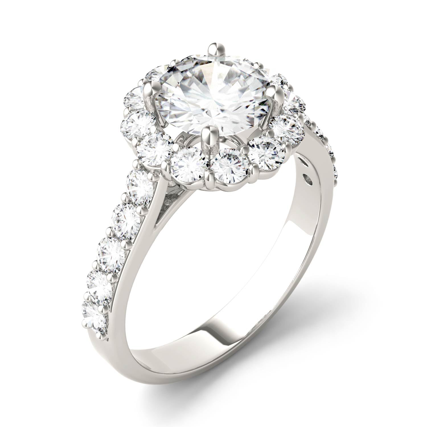 2.60 CTW DEW Round Forever One™ Moissanite Halo with Side Accents Engagement Ring