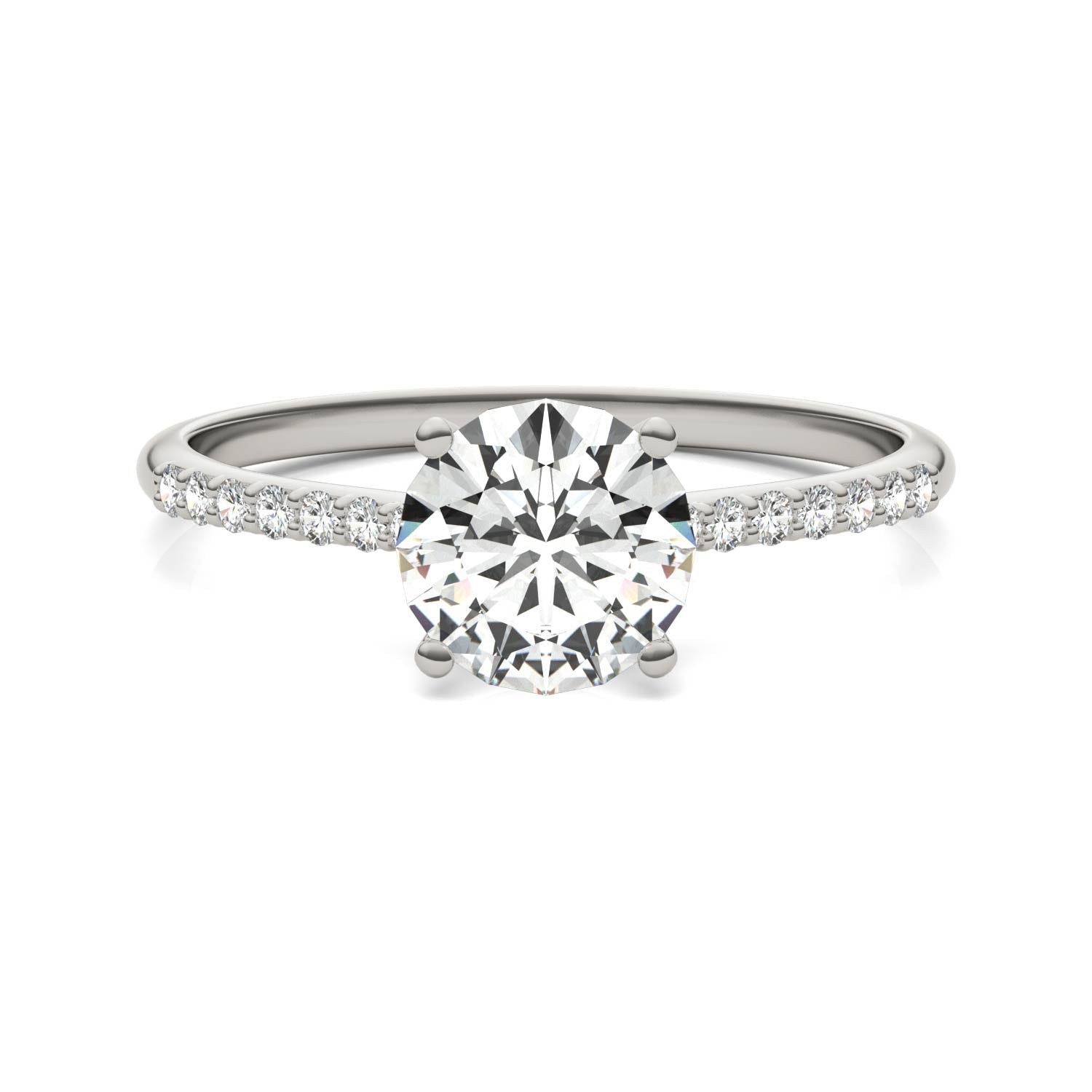 1.19 CTW DEW Round Forever One™ Moissanite Signature Side Stone Round Engagement Ring