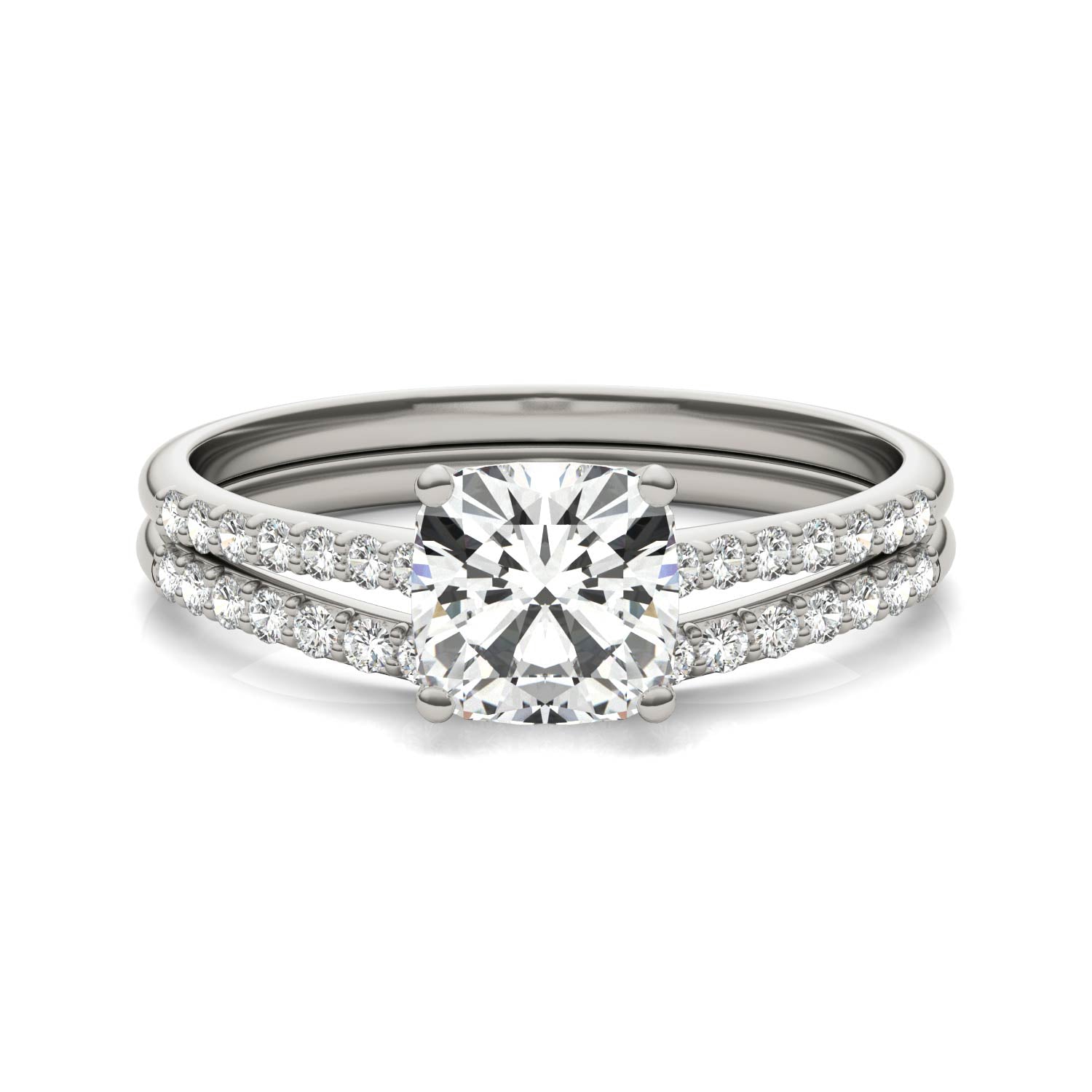 1.33 CTW DEW Cushion Forever One™ Moissanite Signature Bridal Set Cushion with Side Stones Ring