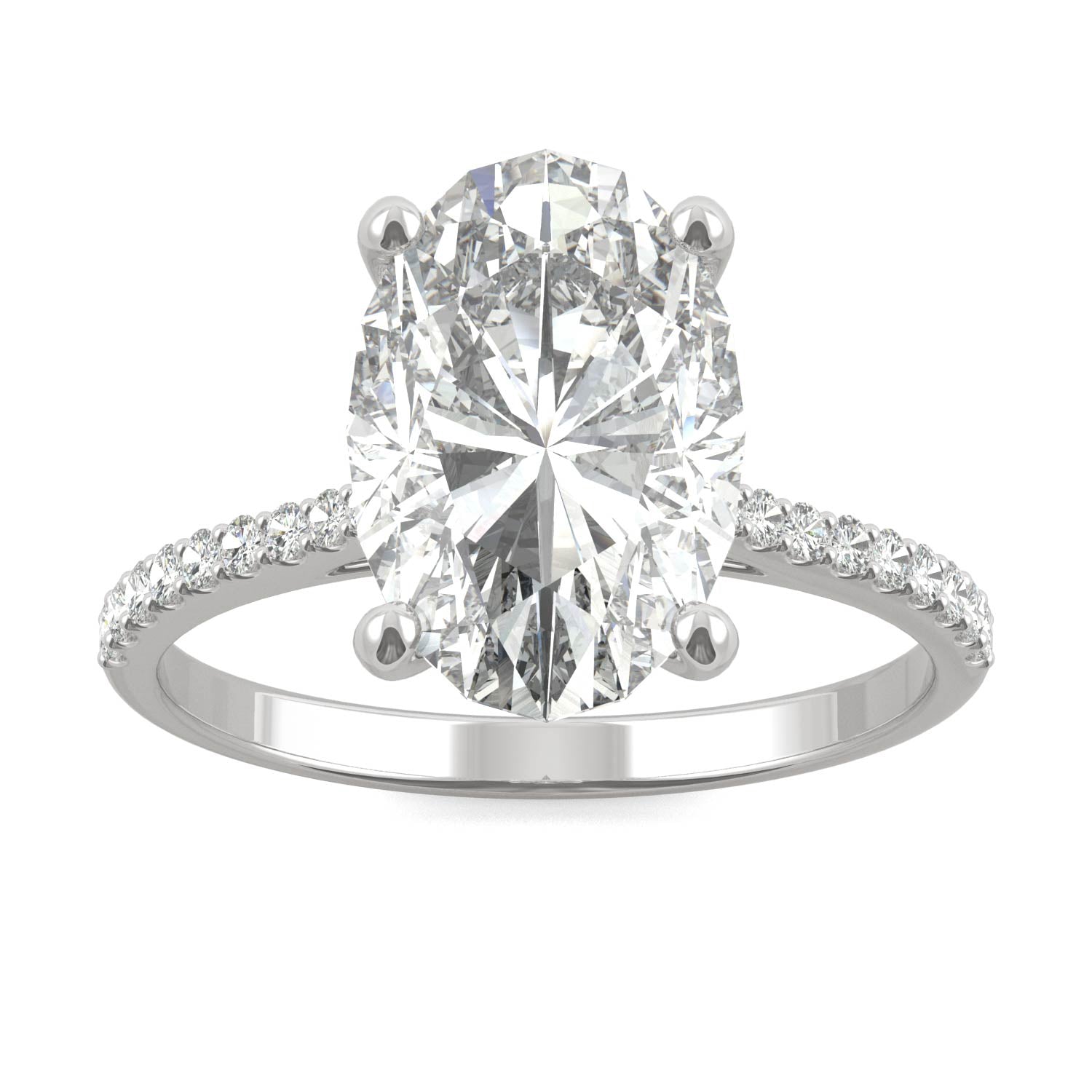4.58 CTW DEW Elongated Oval Forever One™ Moissanite Side-Stone Engagement Ring