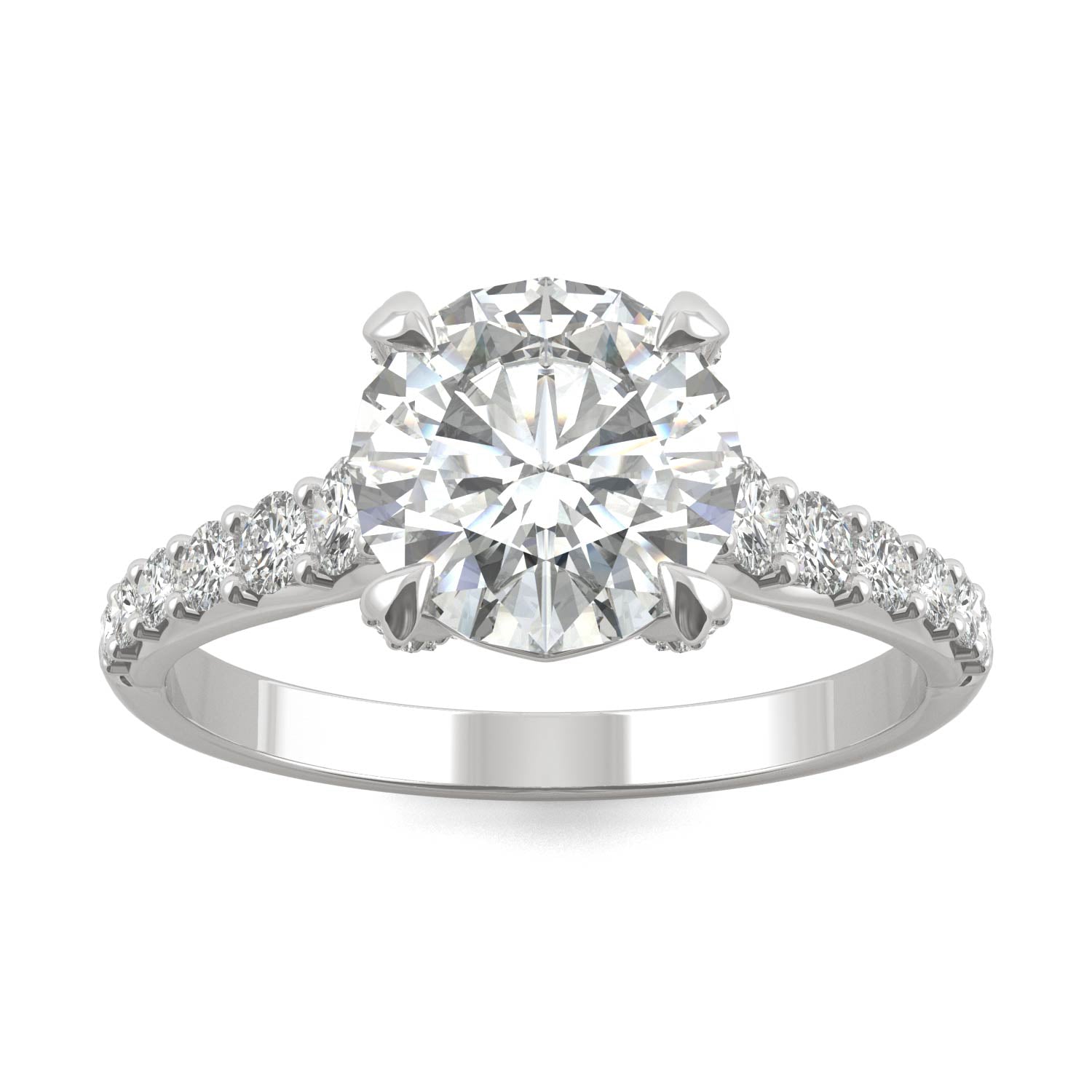 2.43 CTW DEW Round Forever One™ Moissanite Side-Stone Solitaire with Gallery Accents Engagement Ring