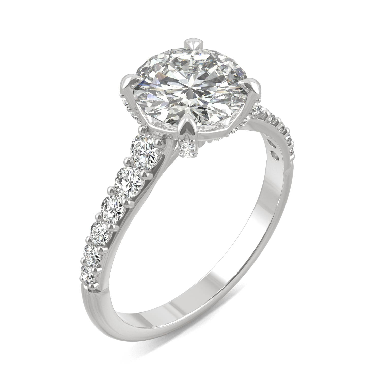 2.43 CTW DEW Round Forever One™ Moissanite Side-Stone Solitaire with Gallery Accents Engagement Ring