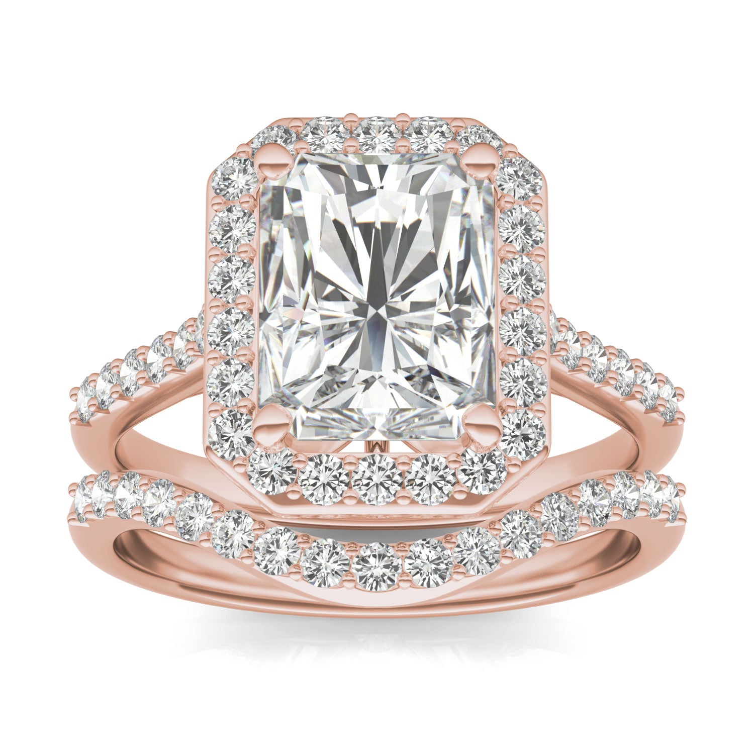3.50 CTW DEW Radiant Forever One™ Moissanite Signature Halo with Side Accents Wedding Set Ring