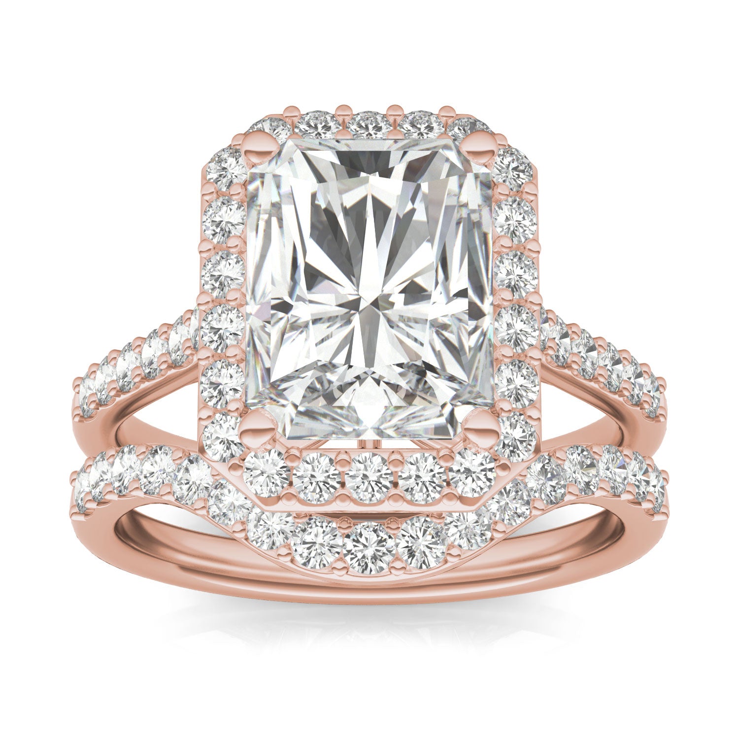 4.82 CTW DEW Radiant Forever One™ Moissanite Signature Halo with Side Accents Wedding Set Ring