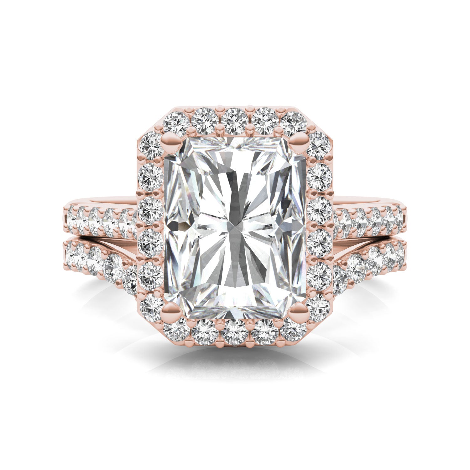4.82 CTW DEW Radiant Forever One™ Moissanite Signature Halo with Side Accents Wedding Set Ring