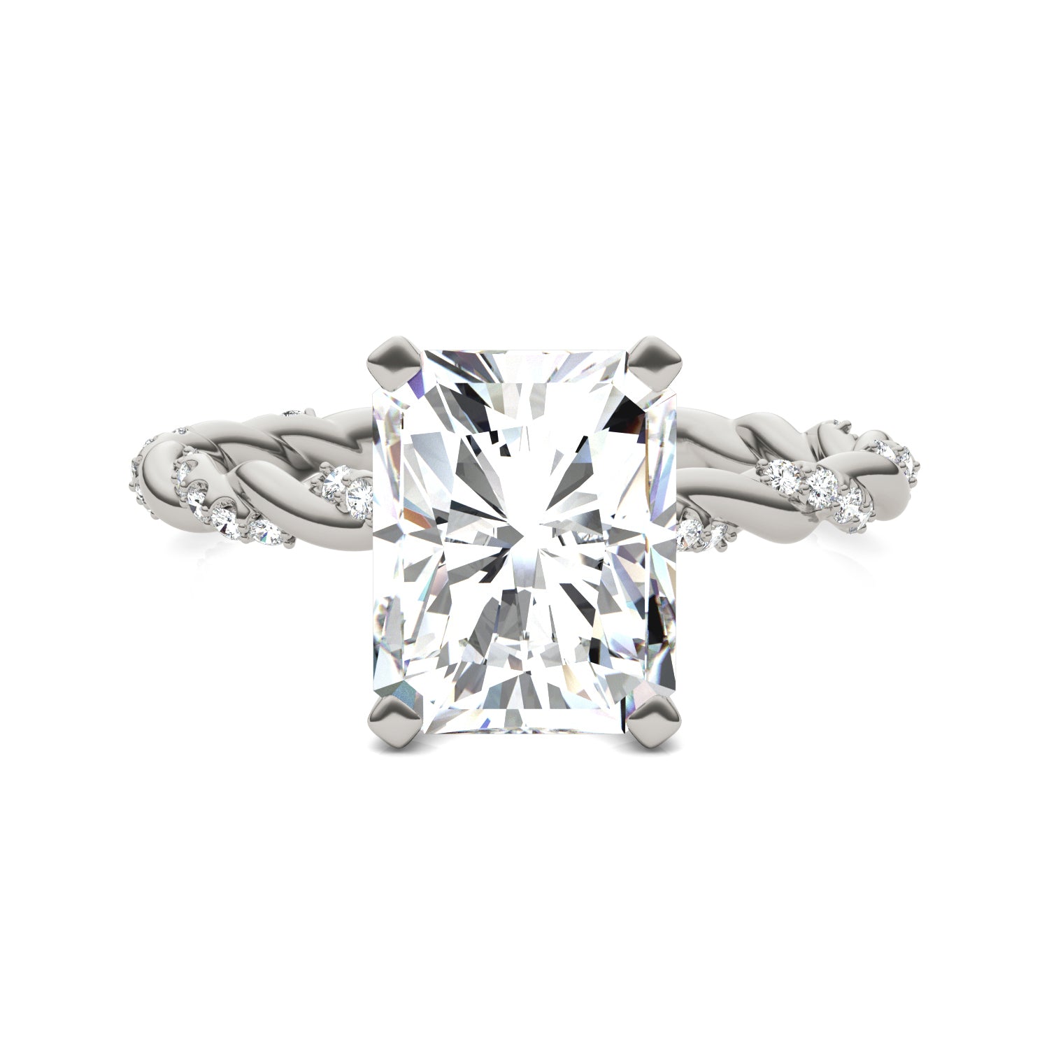 2.89 CTW DEW Radiant Forever One™ Moissanite Solitaire with Twist Side Accents Engagement Ring
