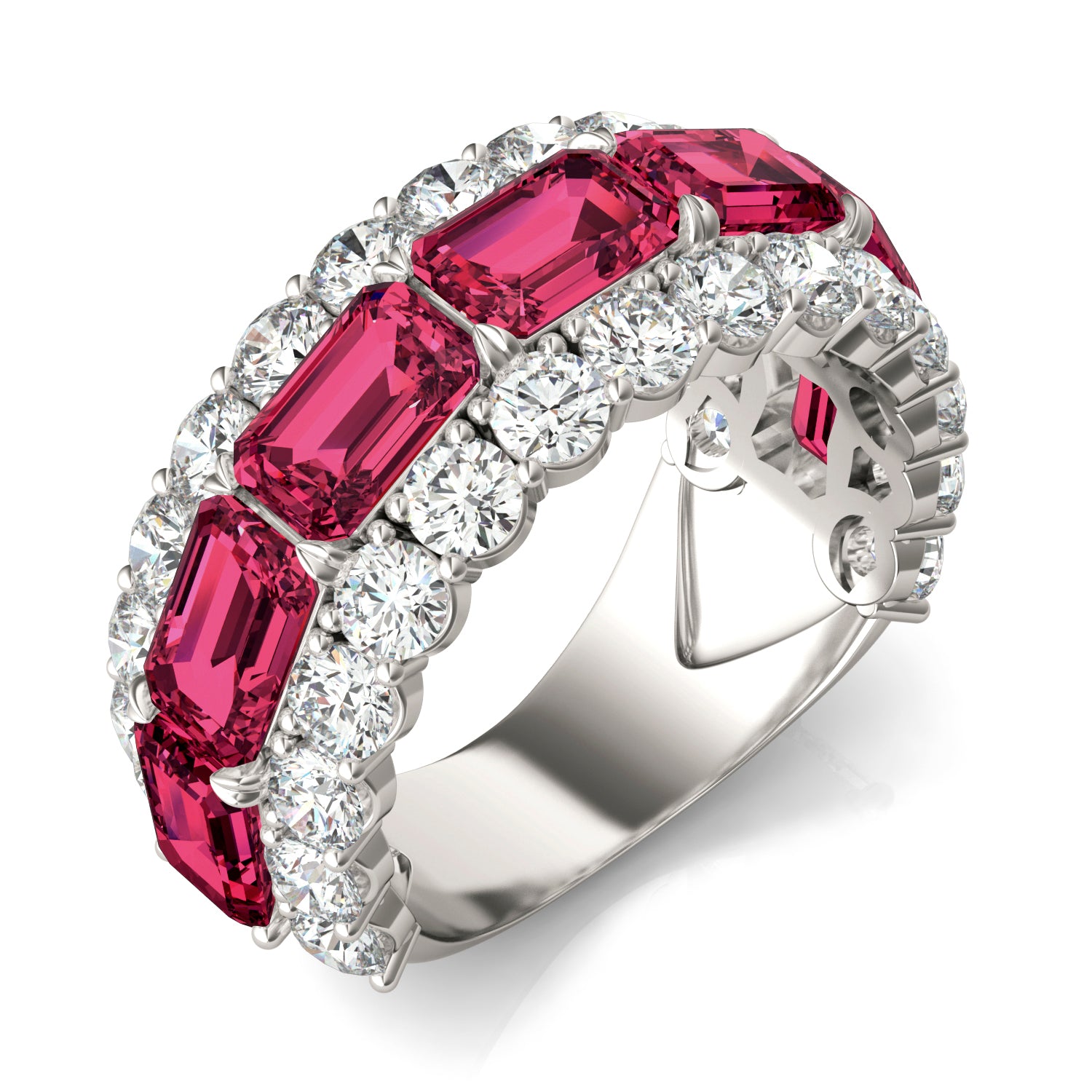 2 2/5 CTW Round Caydia® Lab Grown Diamond Three Row Ring featuring Created Ruby