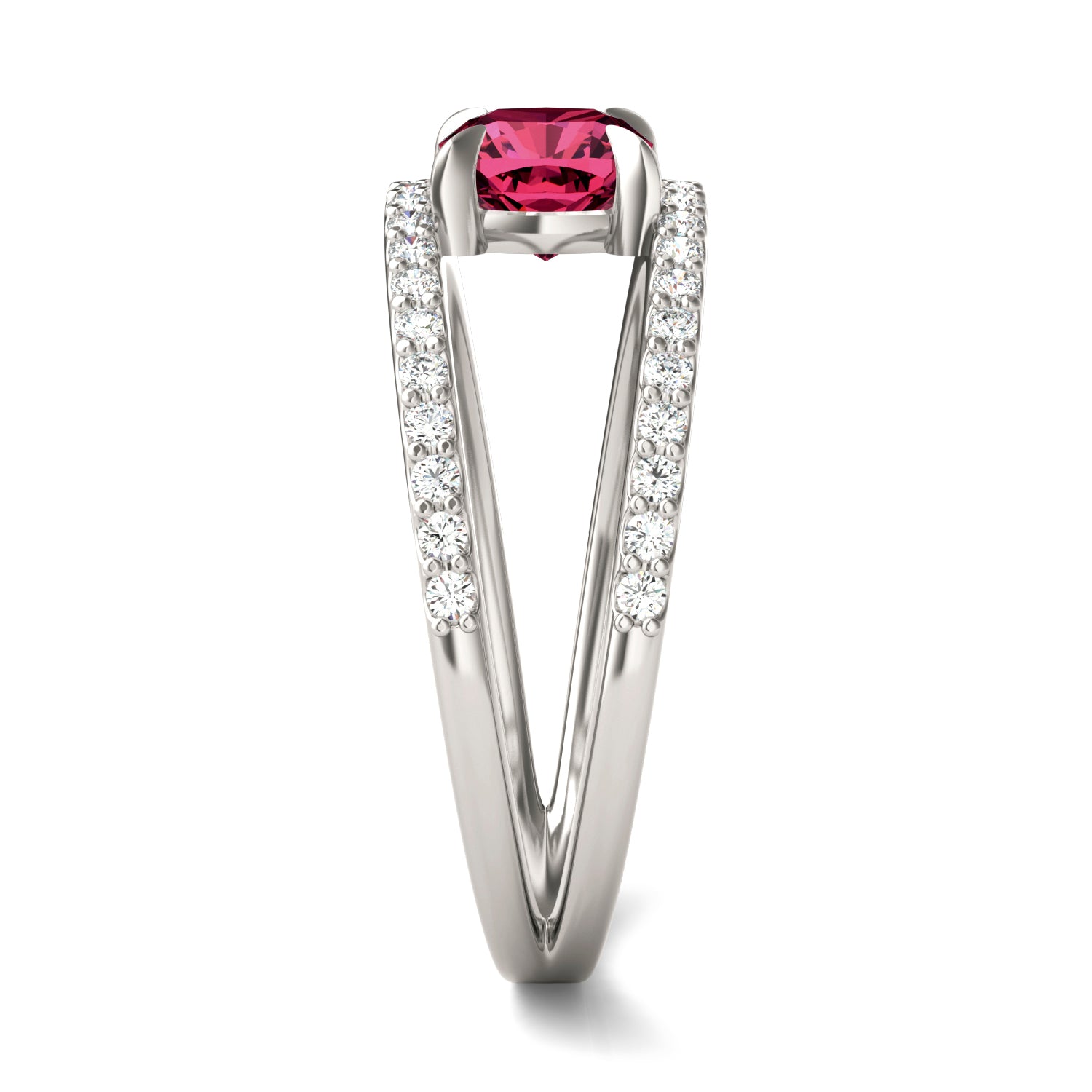 1/3 CTW Round Caydia® Lab Grown Diamond Split Shank Ring featuring Created Ruby