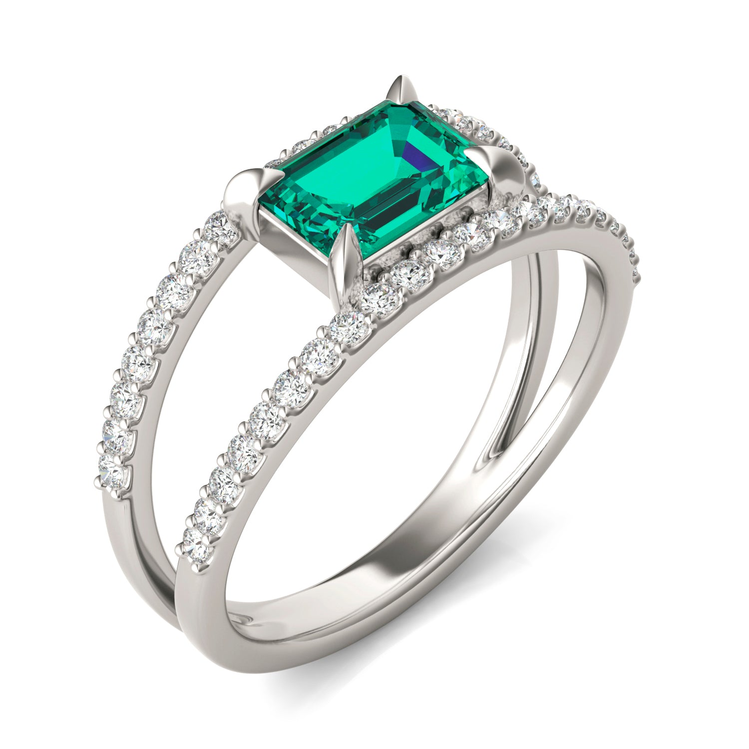 1/3 CTW Round Caydia® Lab Grown Diamond Split Shank Ring featuring Created Emerald