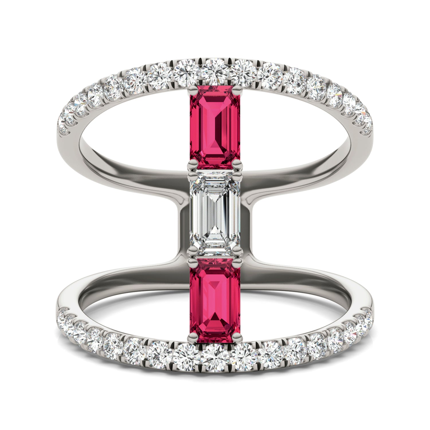 7/8 CTW Emerald Caydia® Lab Grown Diamond Couture Geometric Fashion Ring featuring Created Ruby