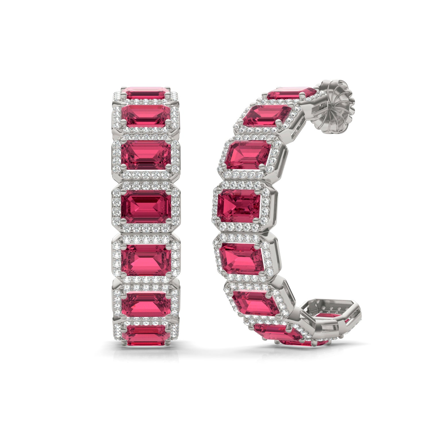 2 1/4 CTW Round Caydia® Lab Grown Diamond Halo Hoop Earrings featuring Created Ruby